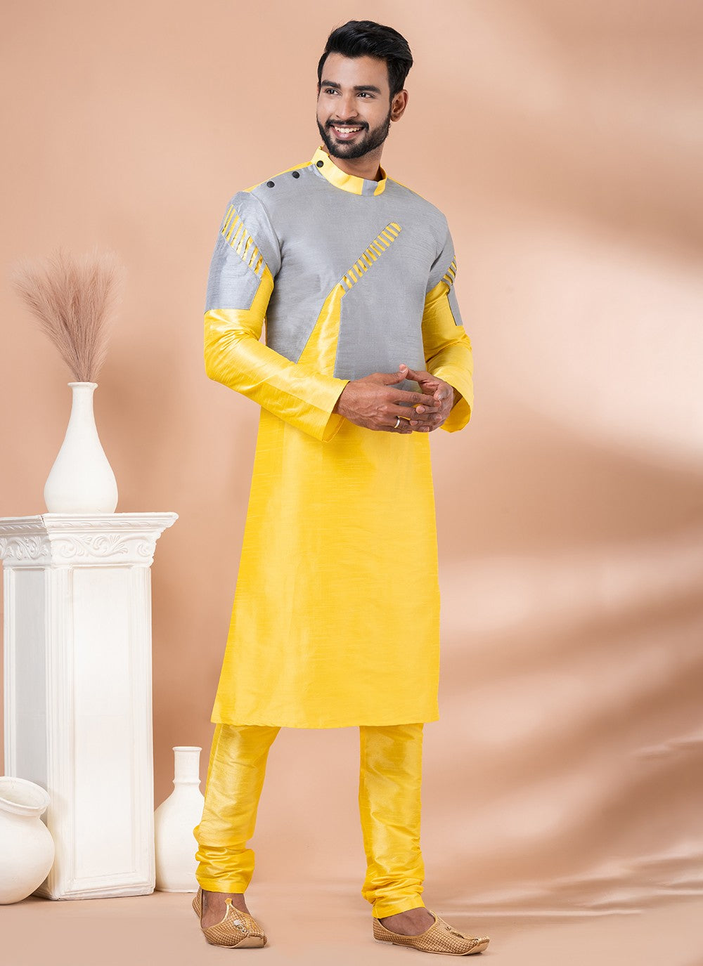 Fancy Work Banarasi Silk Grey, Yellow Kurta Pyjama - M6998