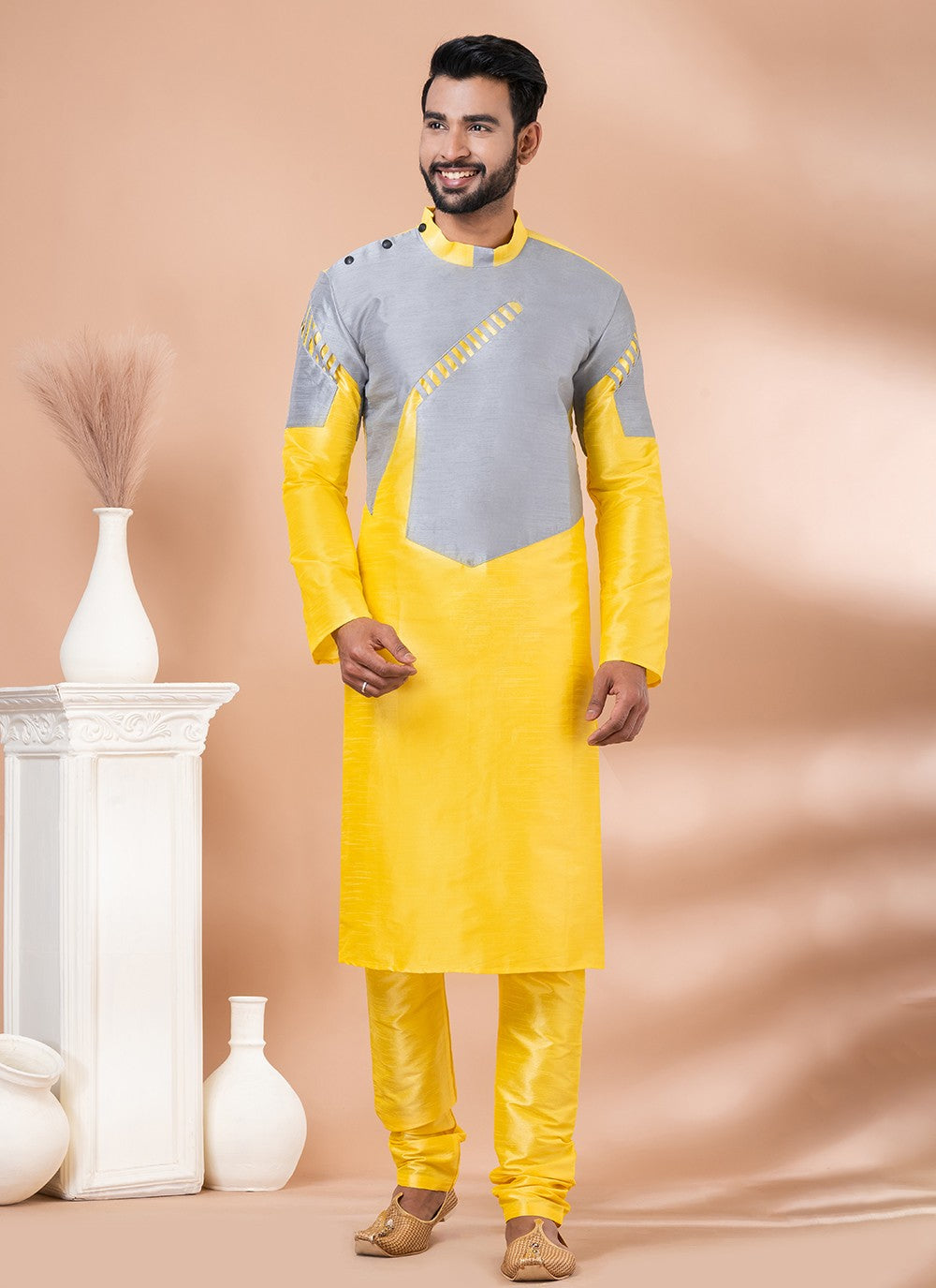 Fancy Work Banarasi Silk Grey, Yellow Kurta Pyjama - M6998