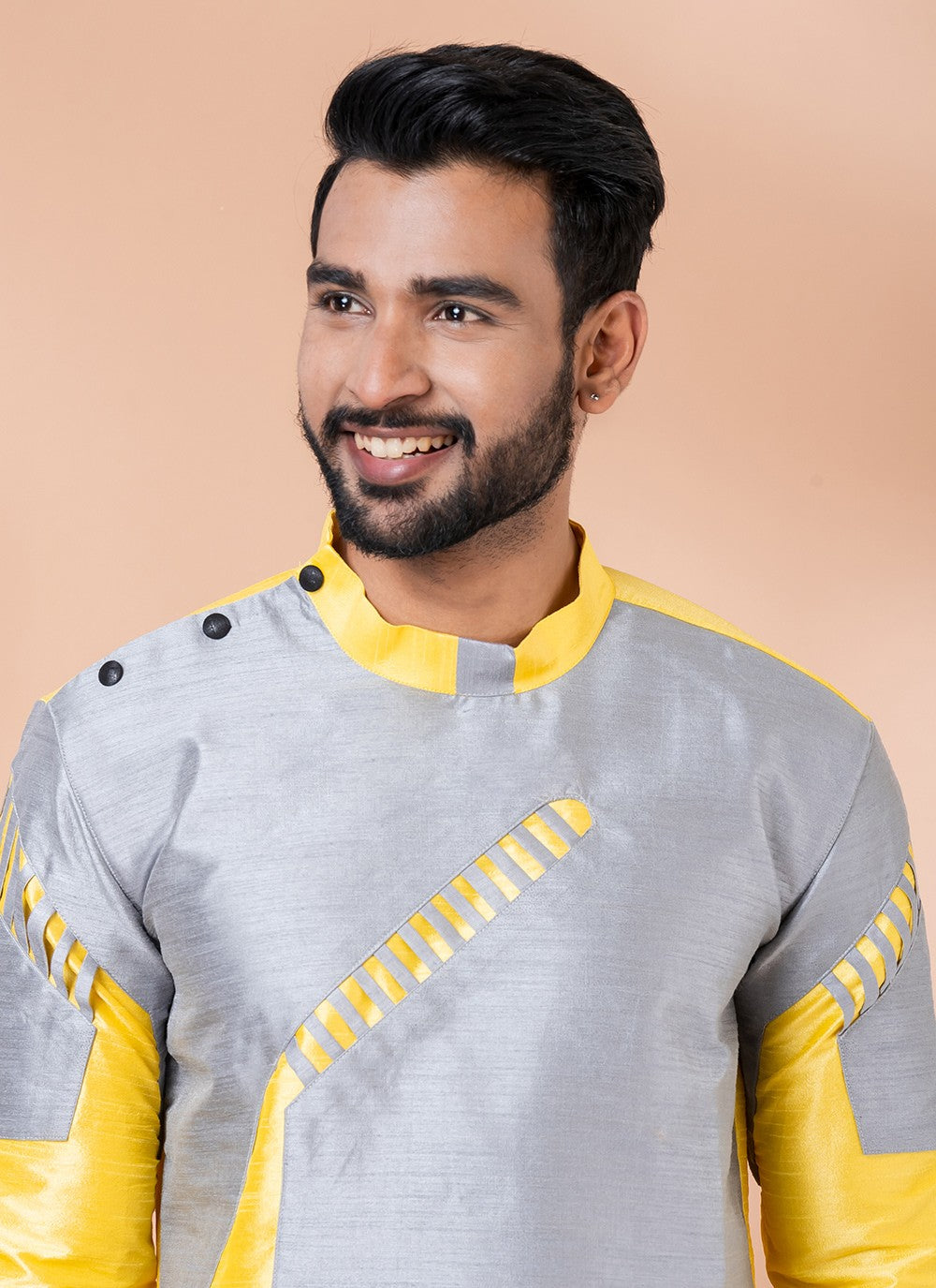 Fancy Work Banarasi Silk Grey, Yellow Kurta Pyjama - M6998