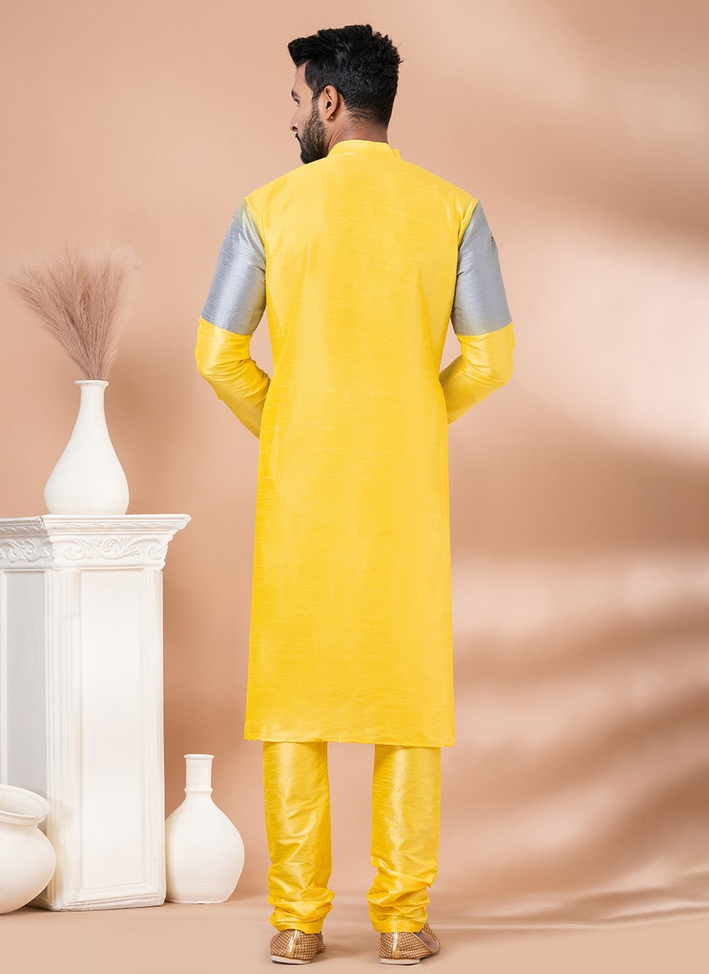 Fancy Work Banarasi Silk Grey, Yellow Kurta Pyjama - M6998