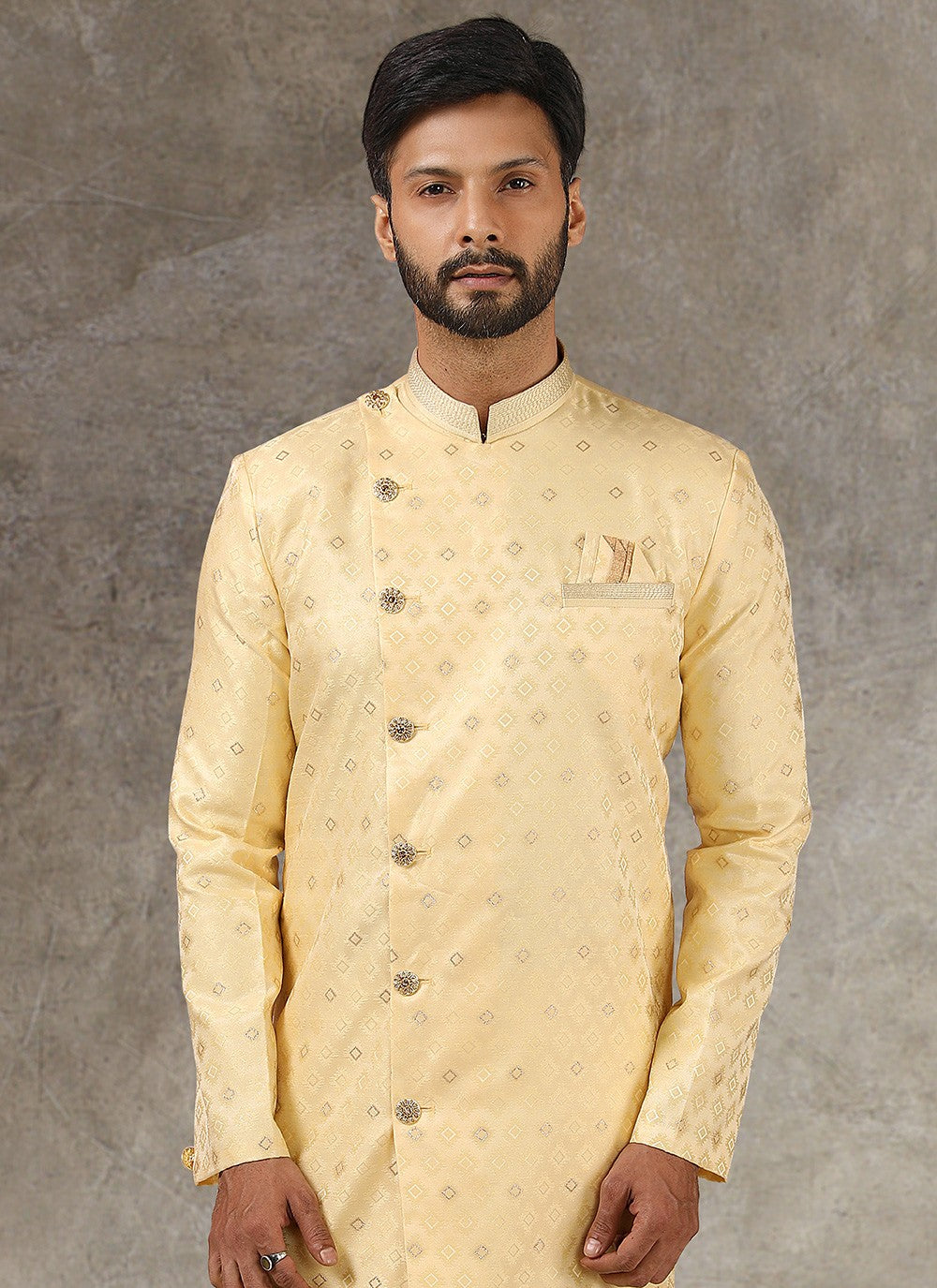 Fancy Work Brocade, Jacquard Silk Yellow Indo Western - M3330