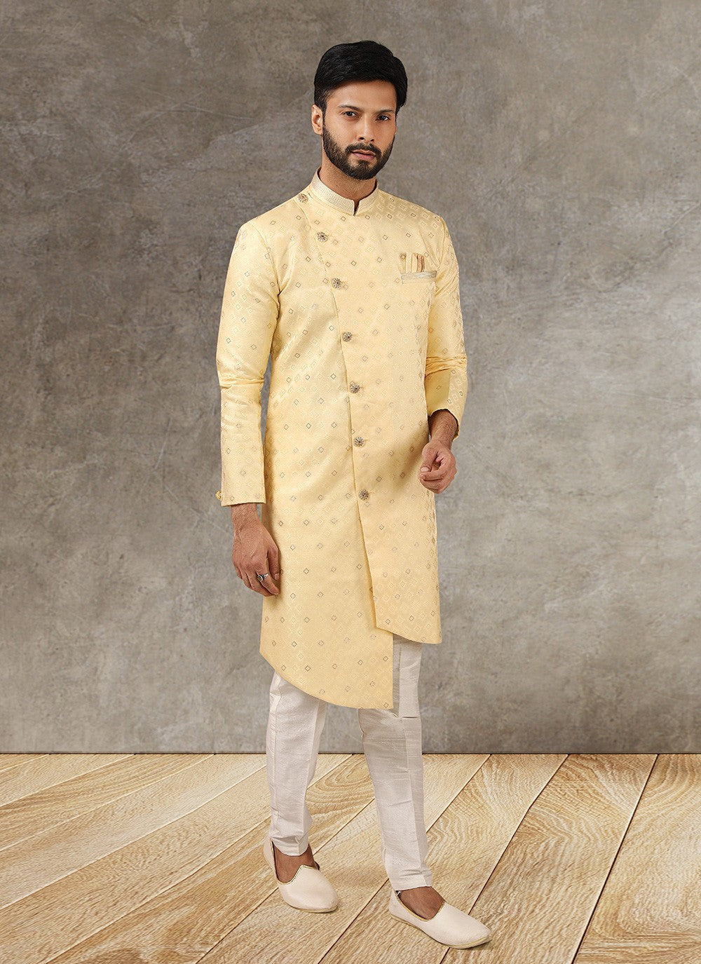 Fancy Work Brocade, Jacquard Silk Yellow Indo Western - M3330