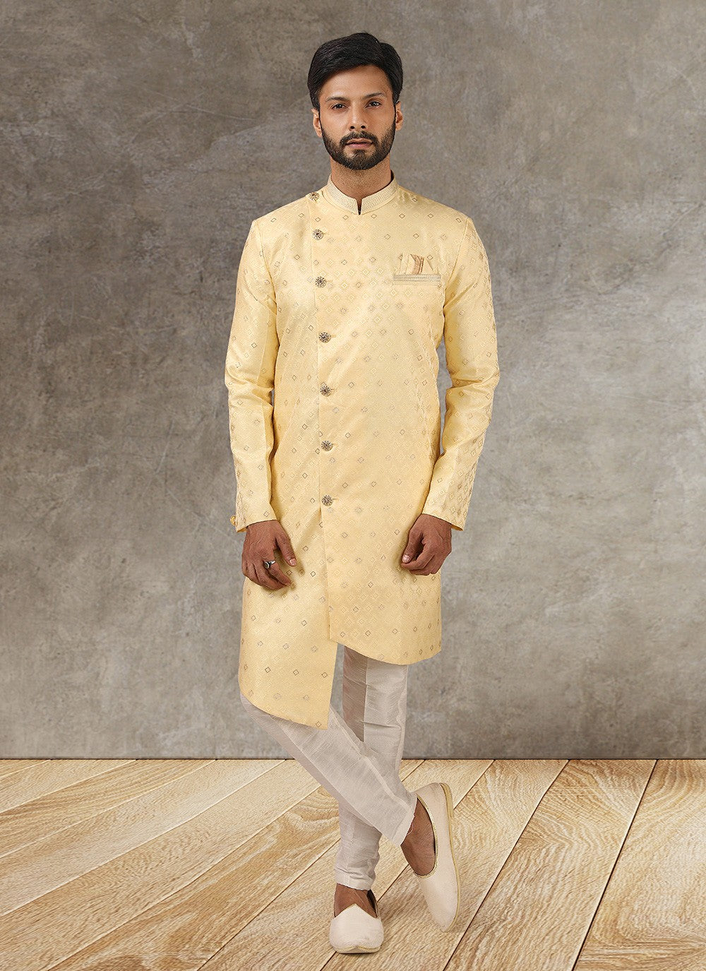 Fancy Work Brocade, Jacquard Silk Yellow Indo Western - M3330