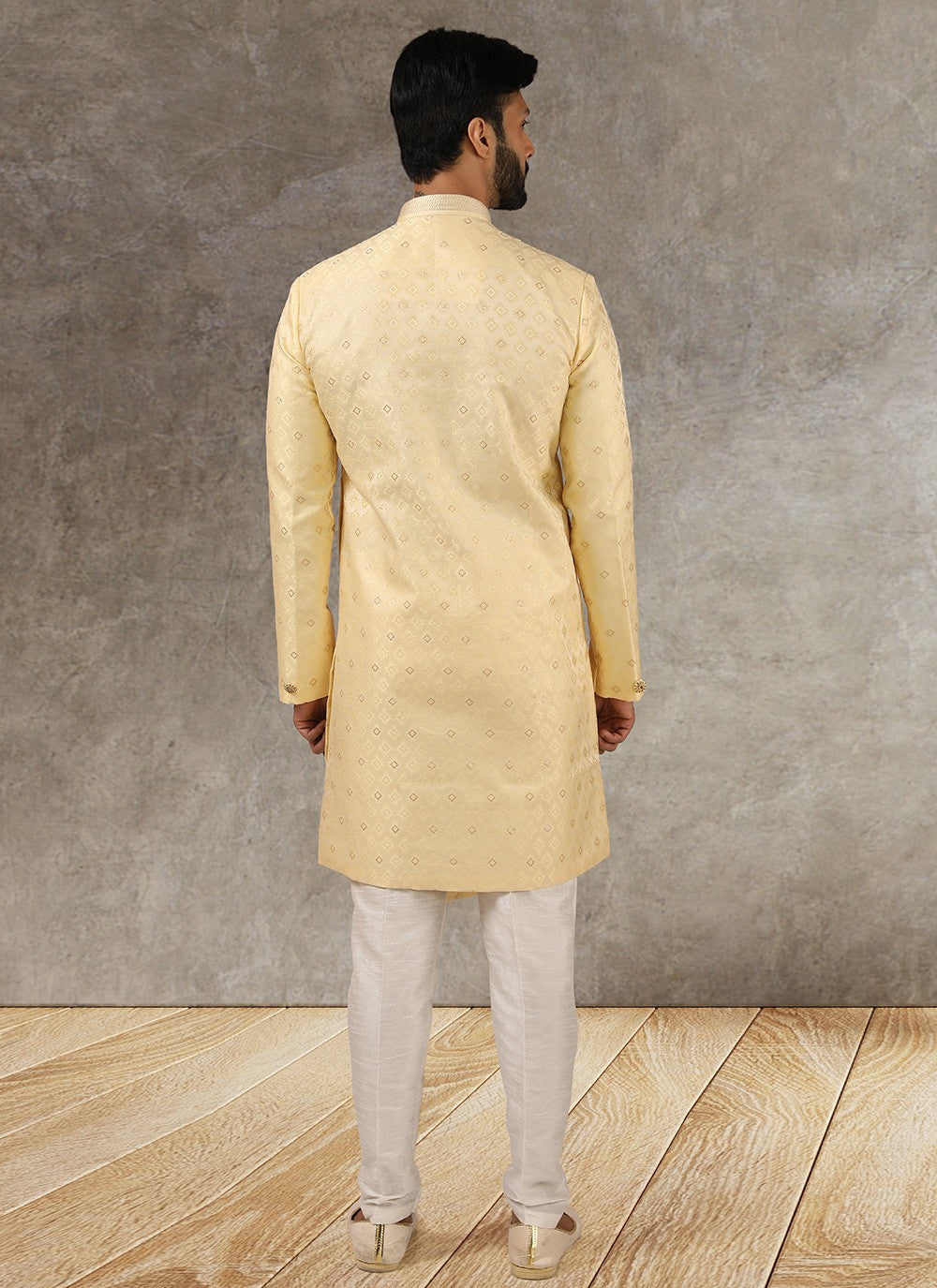 Fancy Work Brocade, Jacquard Silk Yellow Indo Western - M3330