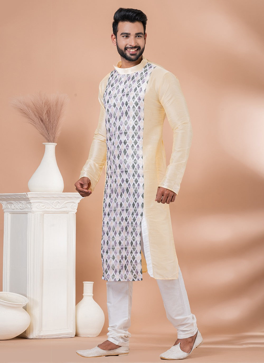 Fancy Work Banarasi Silk, Cotton Cream Kurta Pyjama - M6979