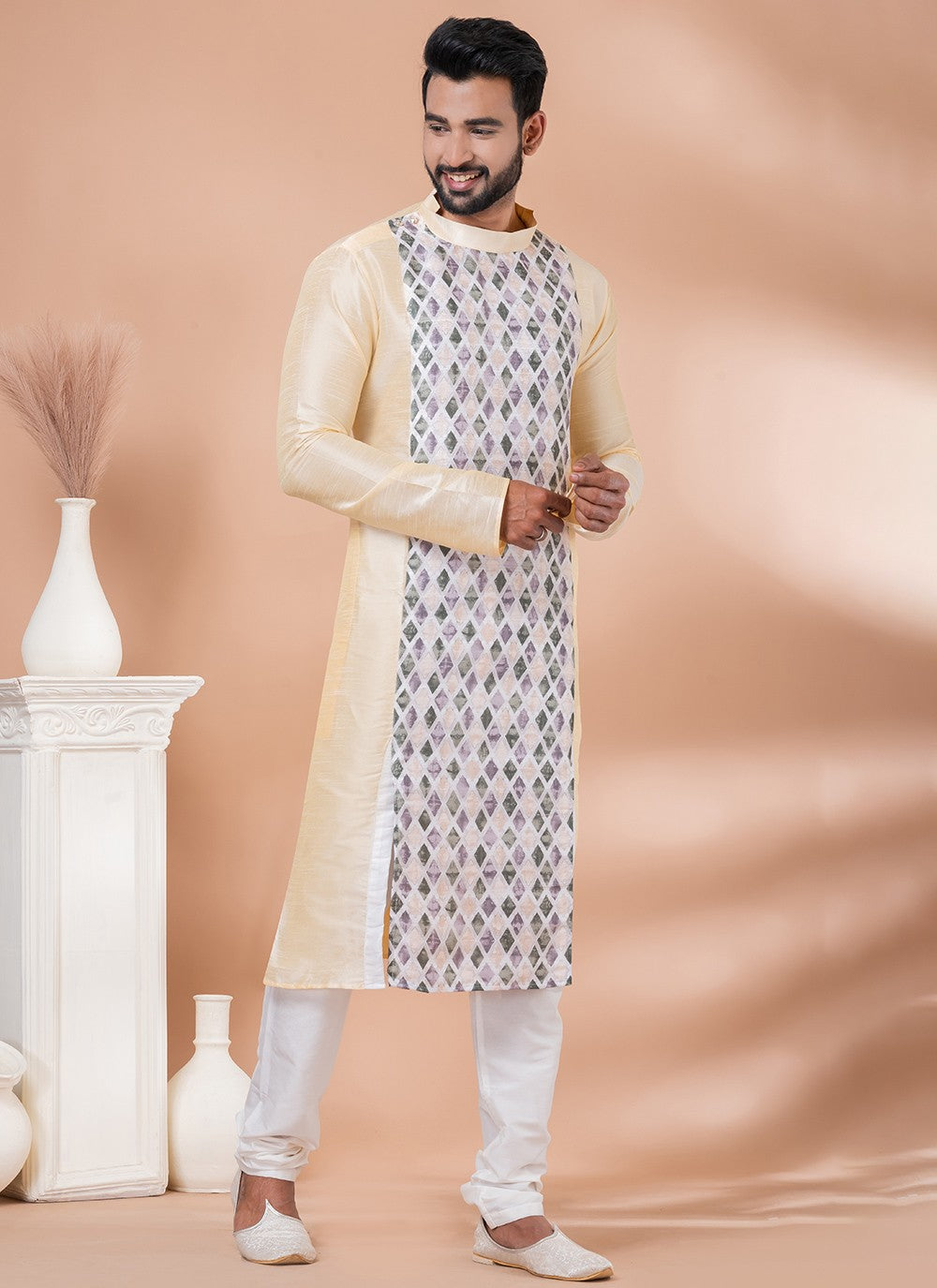 Fancy Work Banarasi Silk, Cotton Cream Kurta Pyjama - M6979