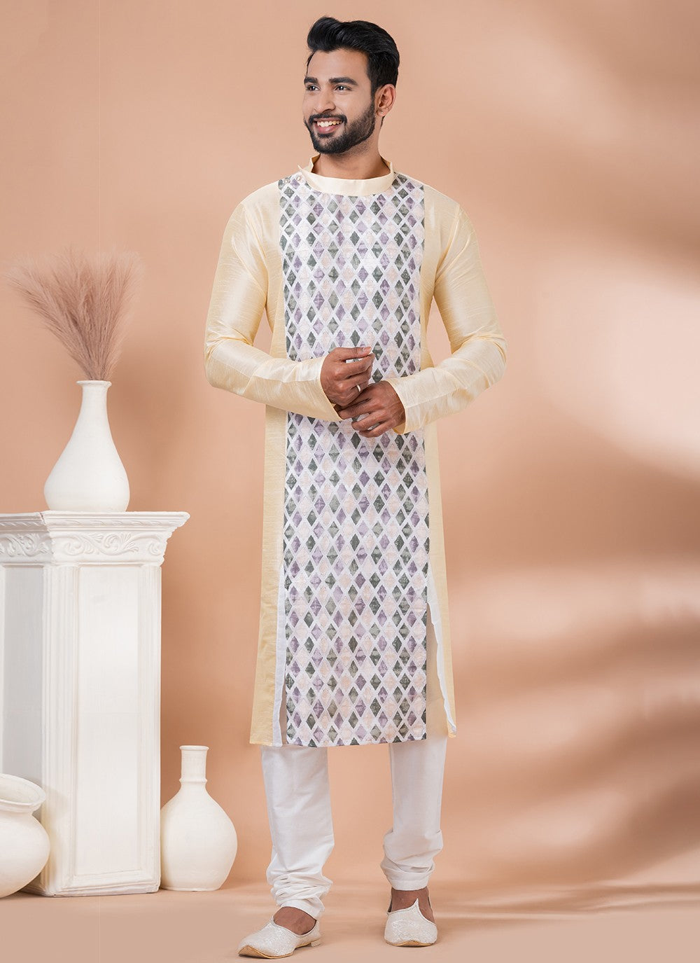 Fancy Work Banarasi Silk, Cotton Cream Kurta Pyjama - M6979