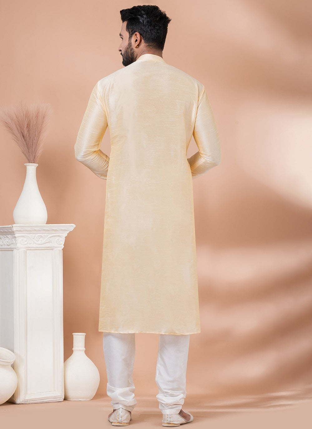 Fancy Work Banarasi Silk, Cotton Cream Kurta Pyjama - M6979