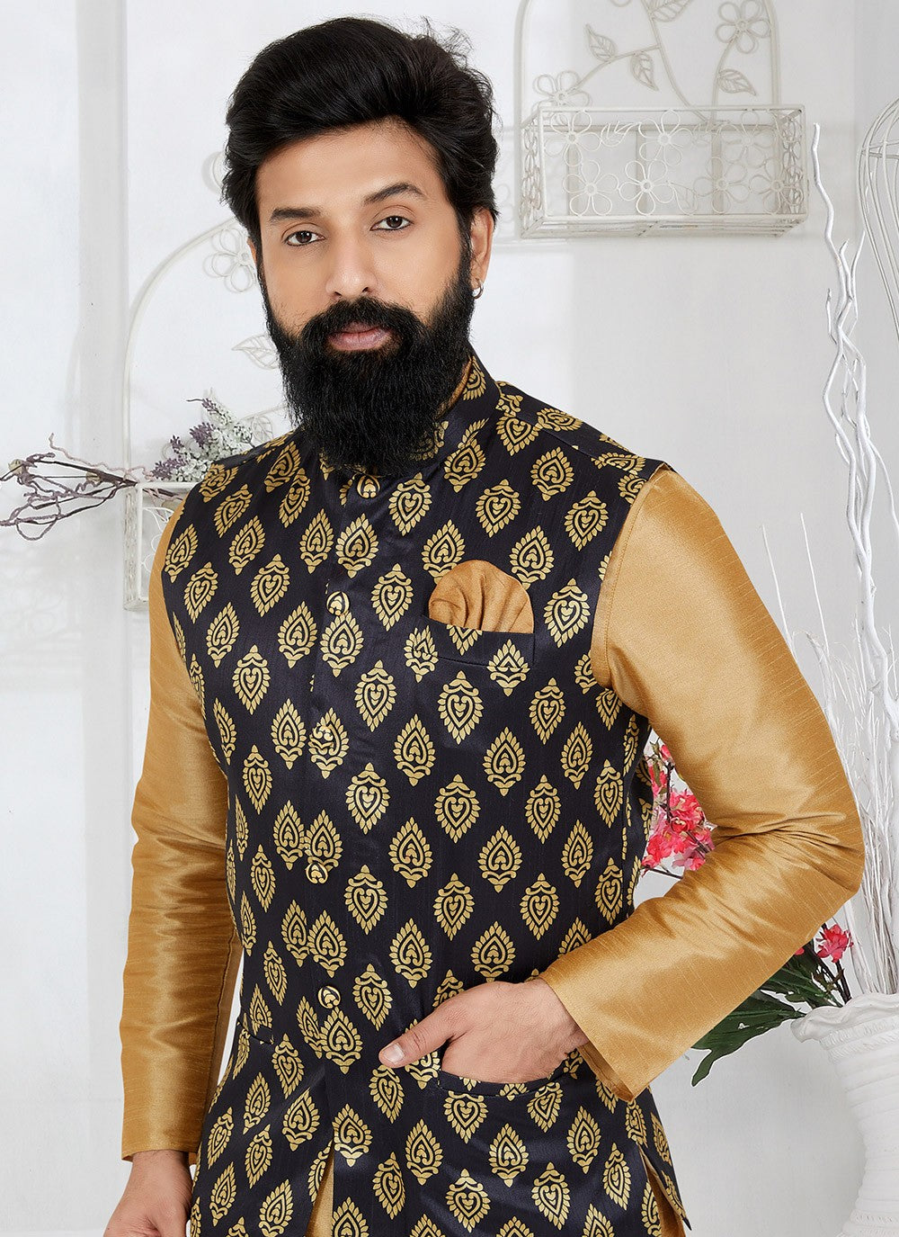 Fancy Work Dupion Silk Beige, Black Kurta Payjama With Jacket - M5487