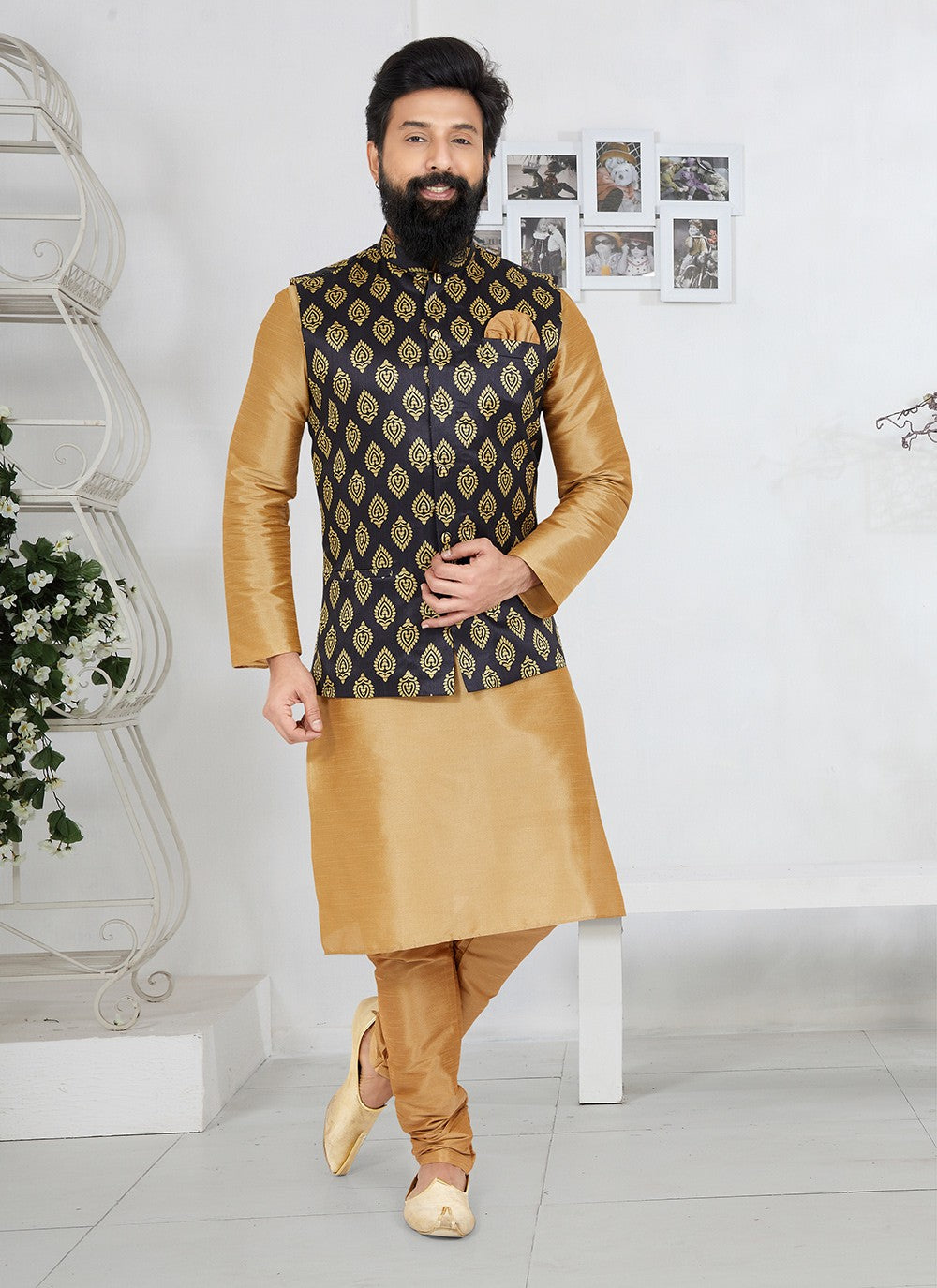 Fancy Work Dupion Silk Beige, Black Kurta Payjama With Jacket - M5487