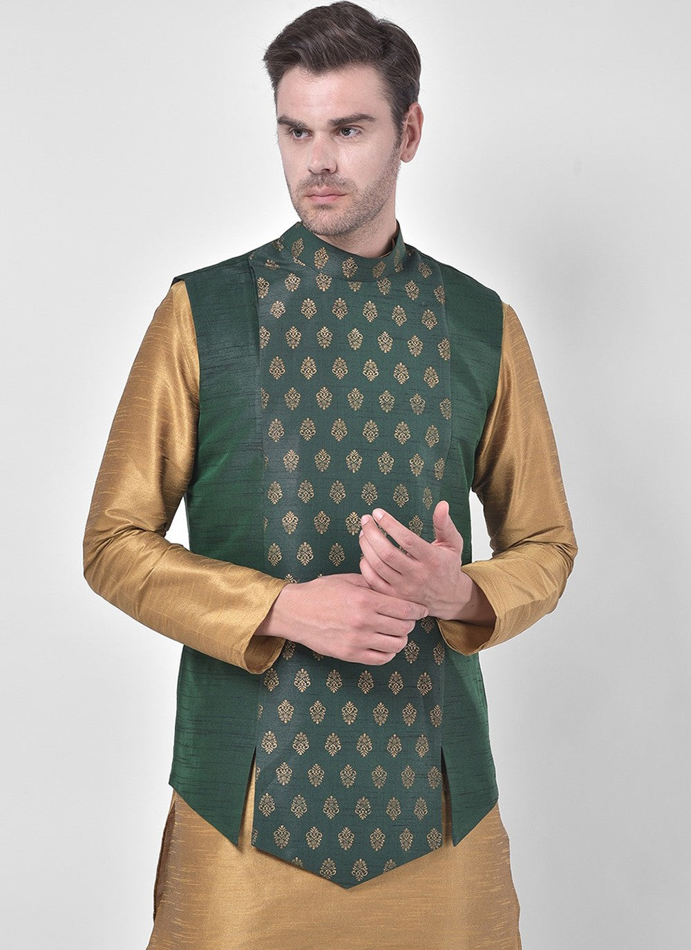 Fancy Work Dupion Silk Beige, Green Kurta Payjama With Jacket - M5219