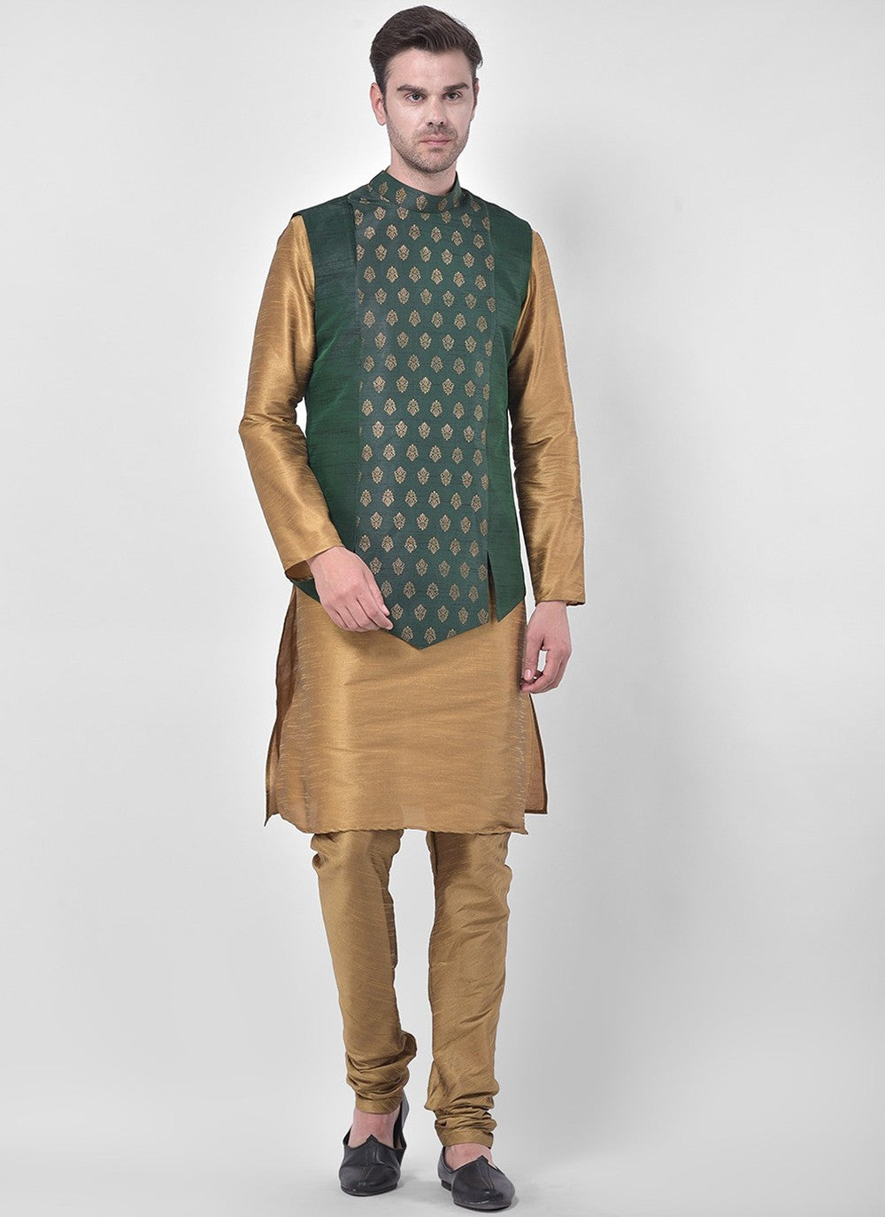 Fancy Work Dupion Silk Beige, Green Kurta Payjama With Jacket - M5219