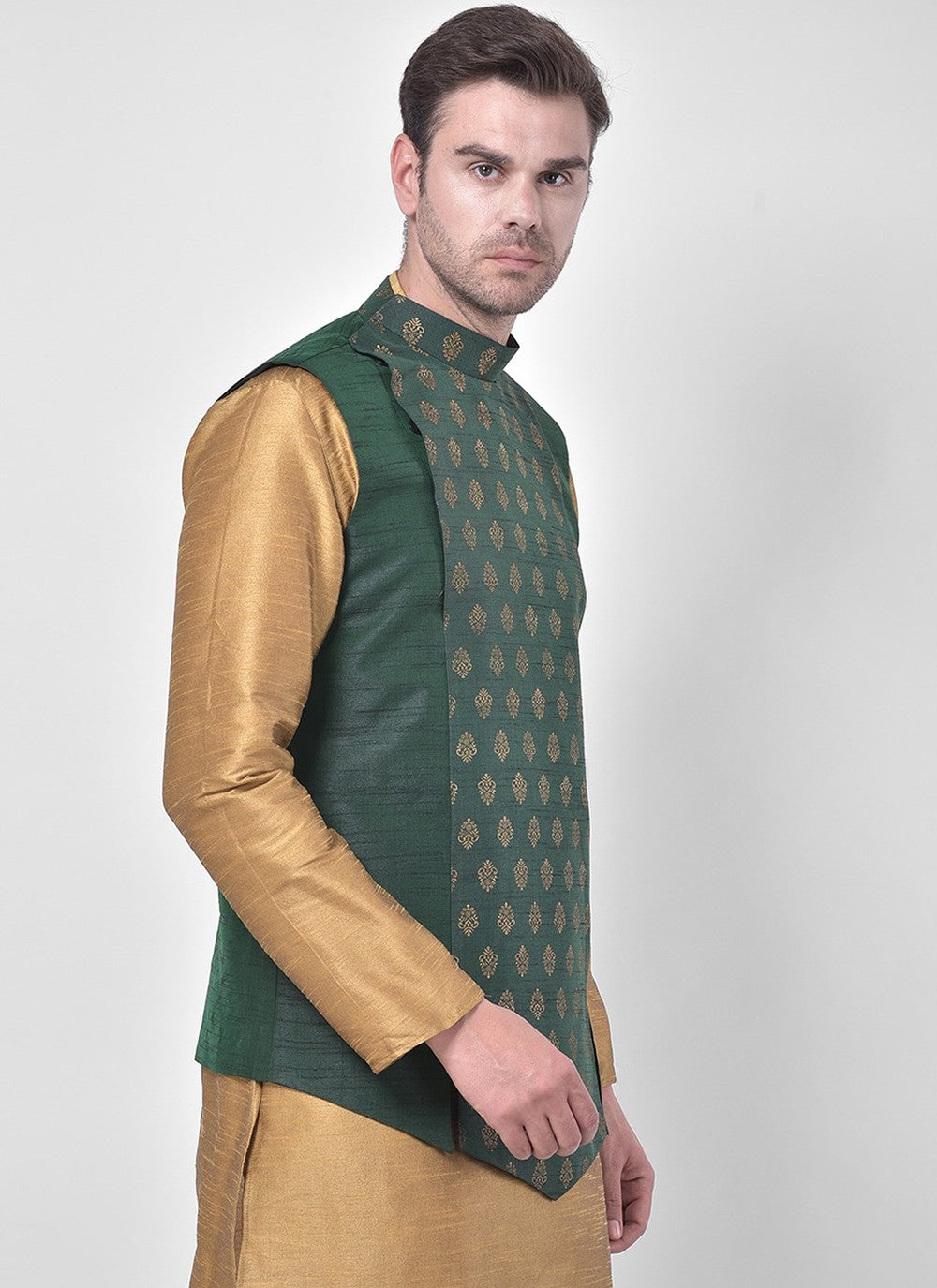 Fancy Work Dupion Silk Beige, Green Kurta Payjama With Jacket - M5219