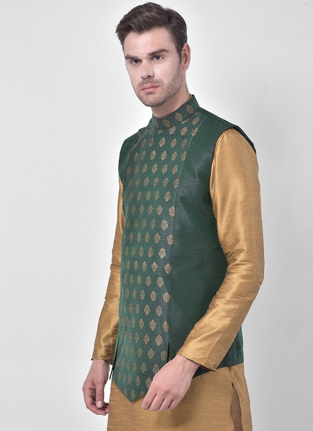 Fancy Work Dupion Silk Beige, Green Kurta Payjama With Jacket - M5219