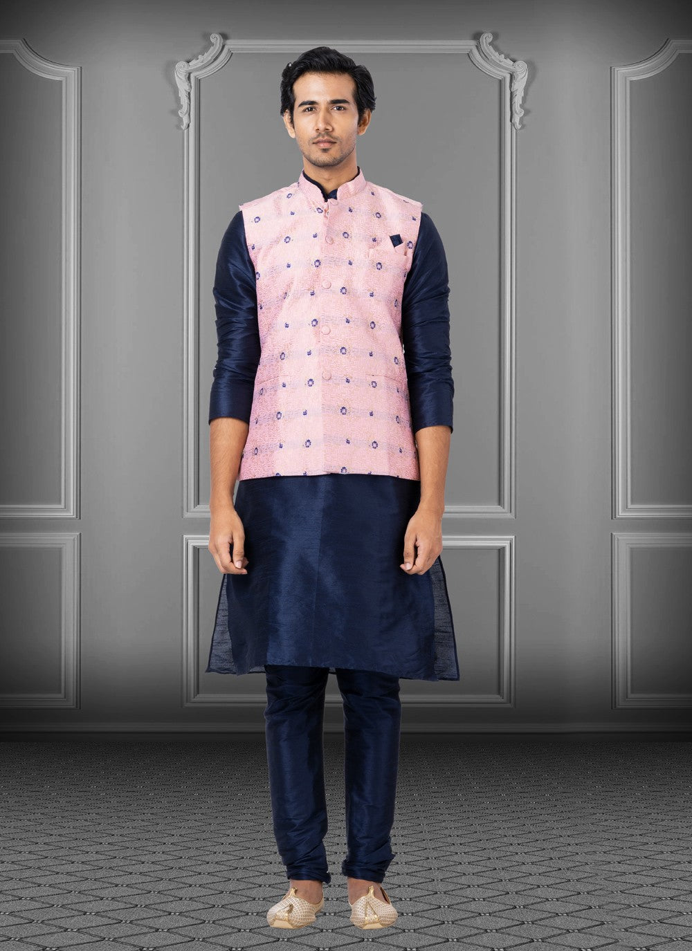 Fancy Work Dupion Silk Blue, Pink Kurta Payjama With Jacket - M3789