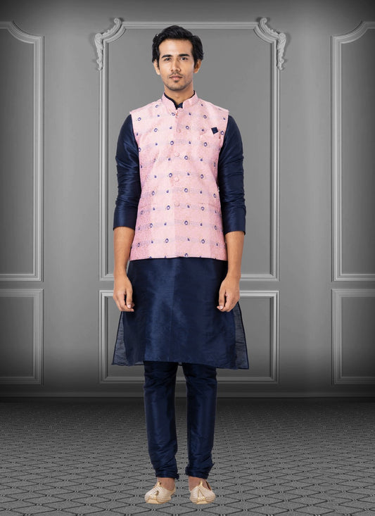 Fancy Work Dupion Silk Blue, Pink Kurta Payjama With Jacket - M3789