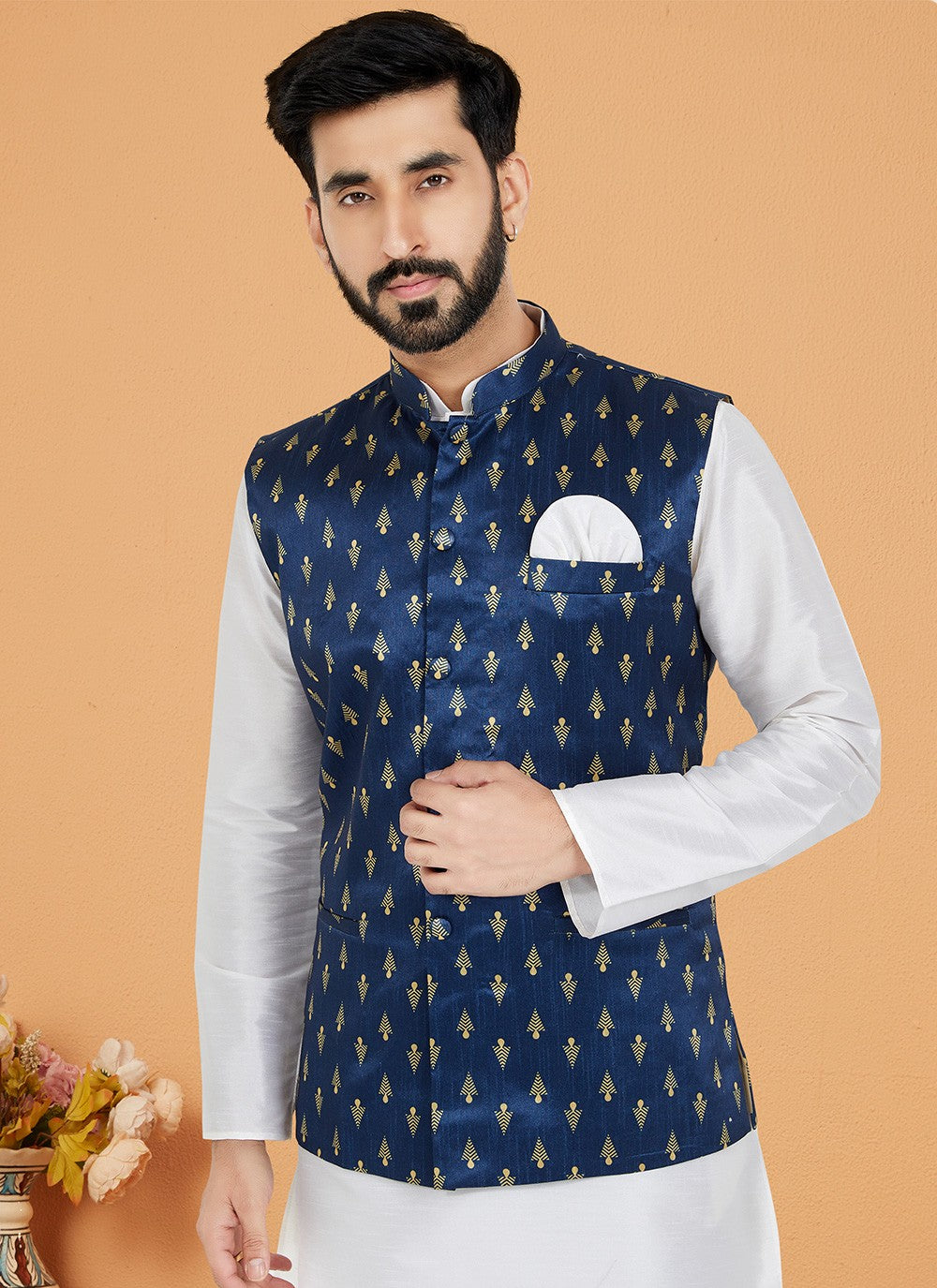 Fancy Work Dupion Silk Navy Blue, White Kurta Payjama With Jacket - M5482