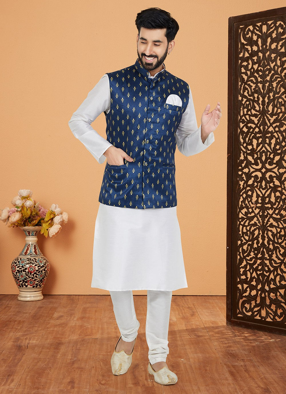 Fancy Work Dupion Silk Navy Blue, White Kurta Payjama With Jacket - M5482