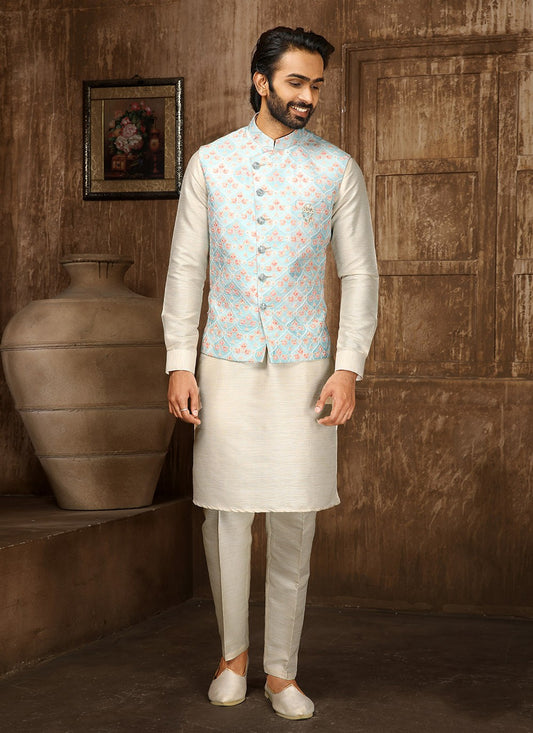 Digital Print Fancy Fabric Blue, Cream Kurta Payjama With Jacket - M4253