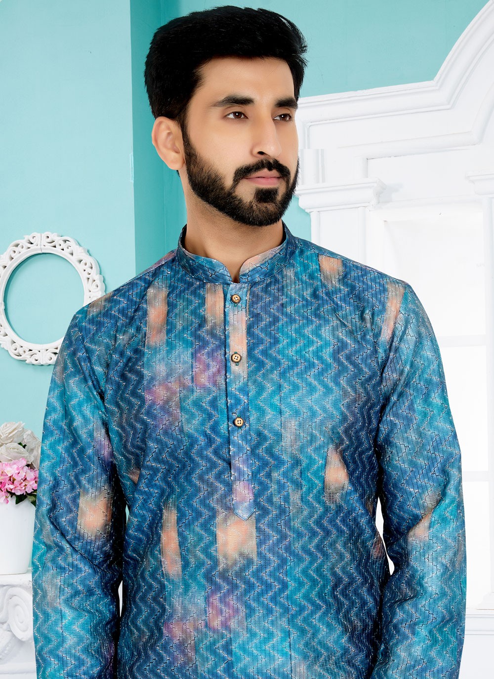 Digital Print Fancy Fabric Blue, Multi Colour Kurta Pyjama - M5076