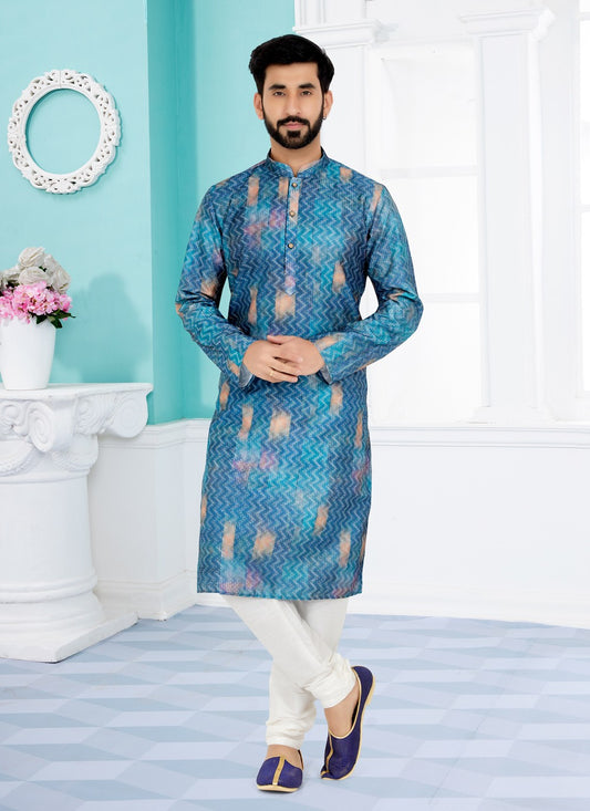 Digital Print Fancy Fabric Blue, Multi Colour Kurta Pyjama - M5076