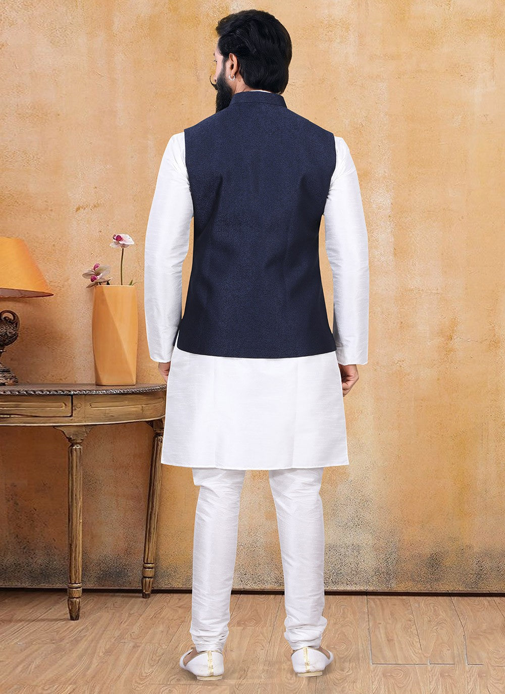 Fancy Work Fancy Fabric Blue, Off White Kurta Payjama With Jacket - M3351