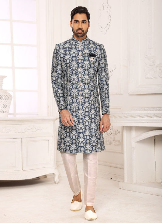 Digital Print Fancy Fabric Blue Indo Western Sherwani - M3984