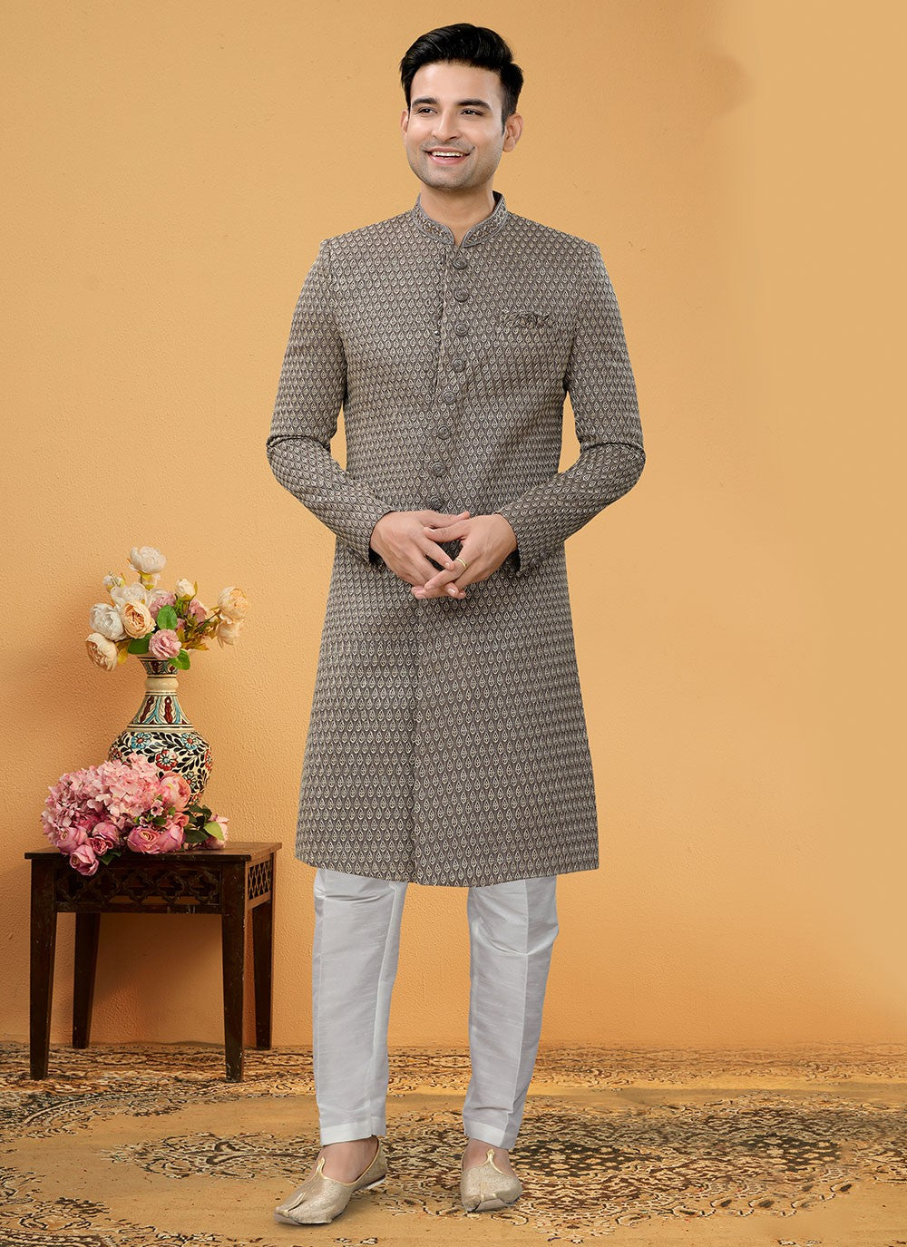 Hand Embroidery Fancy Fabric Brown Indo Western Sherwani - M5154