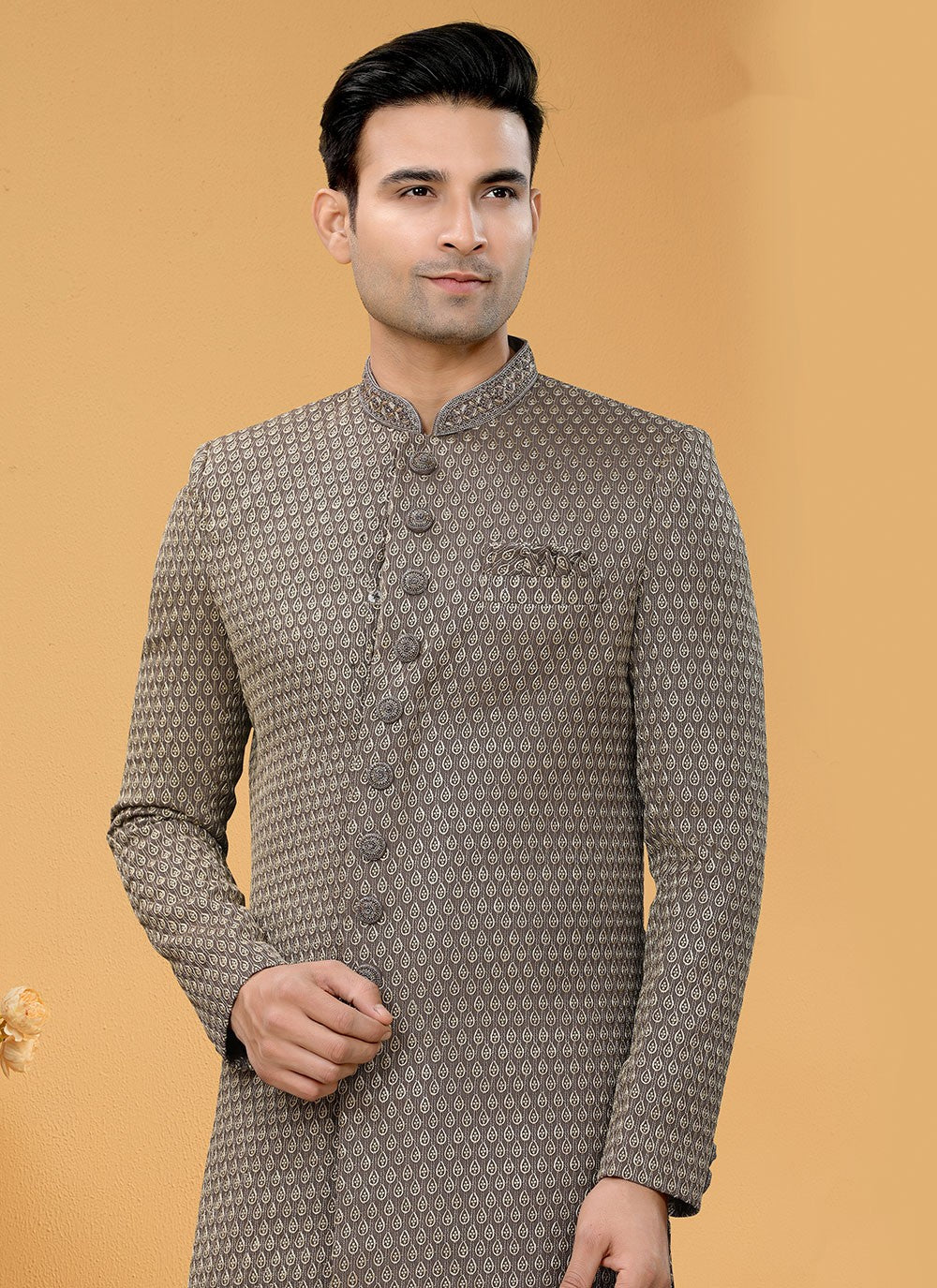 Hand Embroidery Fancy Fabric Brown Indo Western Sherwani - M5154