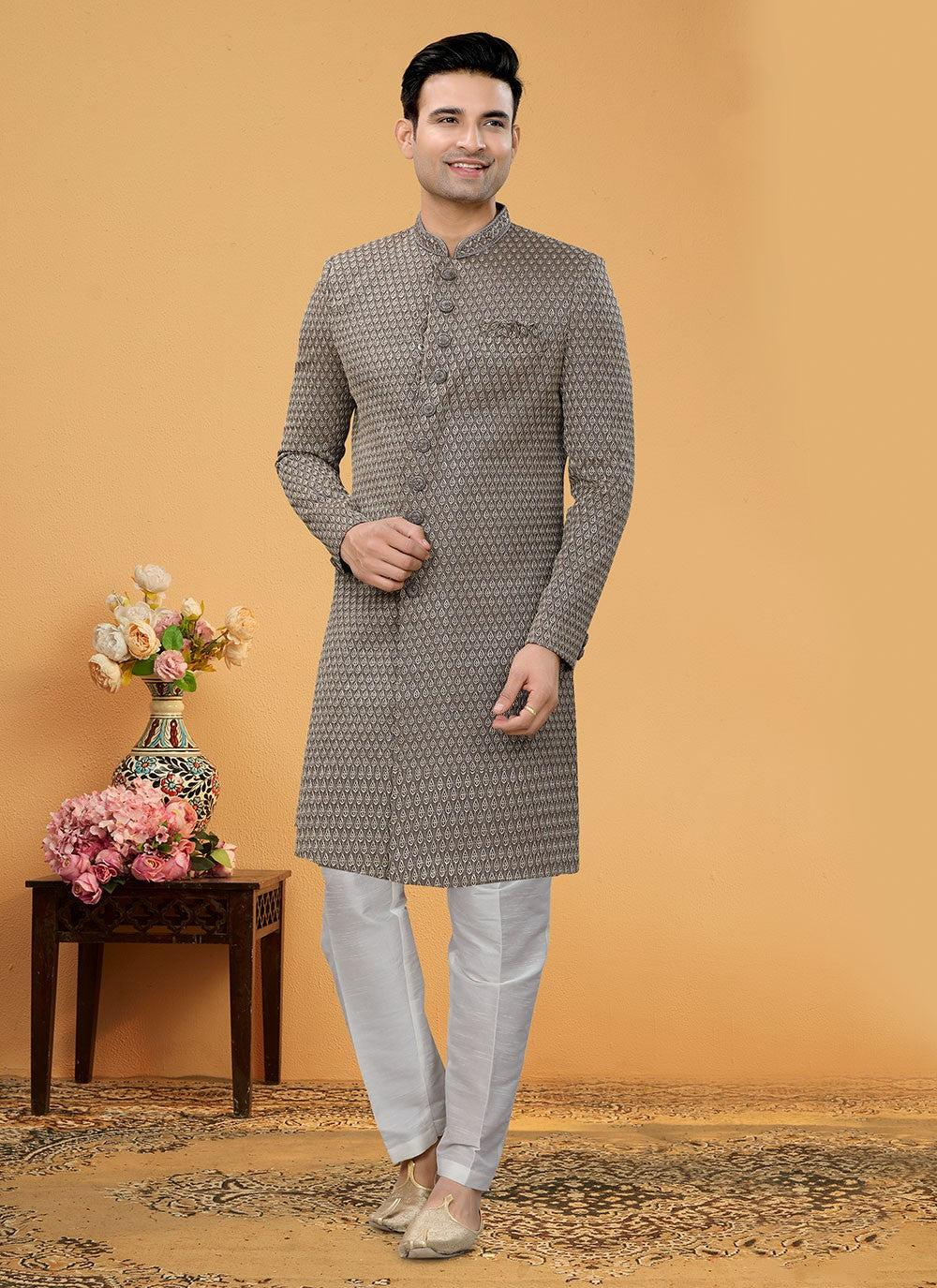 Hand Embroidery Fancy Fabric Brown Indo Western Sherwani - M5154