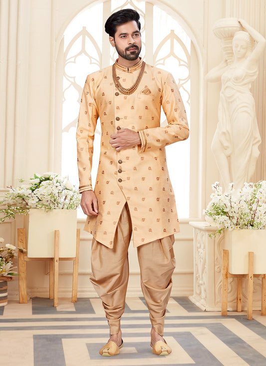 Jacquard Work Fancy Fabric Cream Indo Western Sherwani - M2937