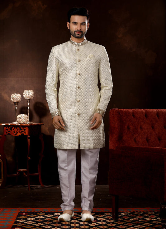 Embroidered Fancy Fabric Cream Sherwani - M3074