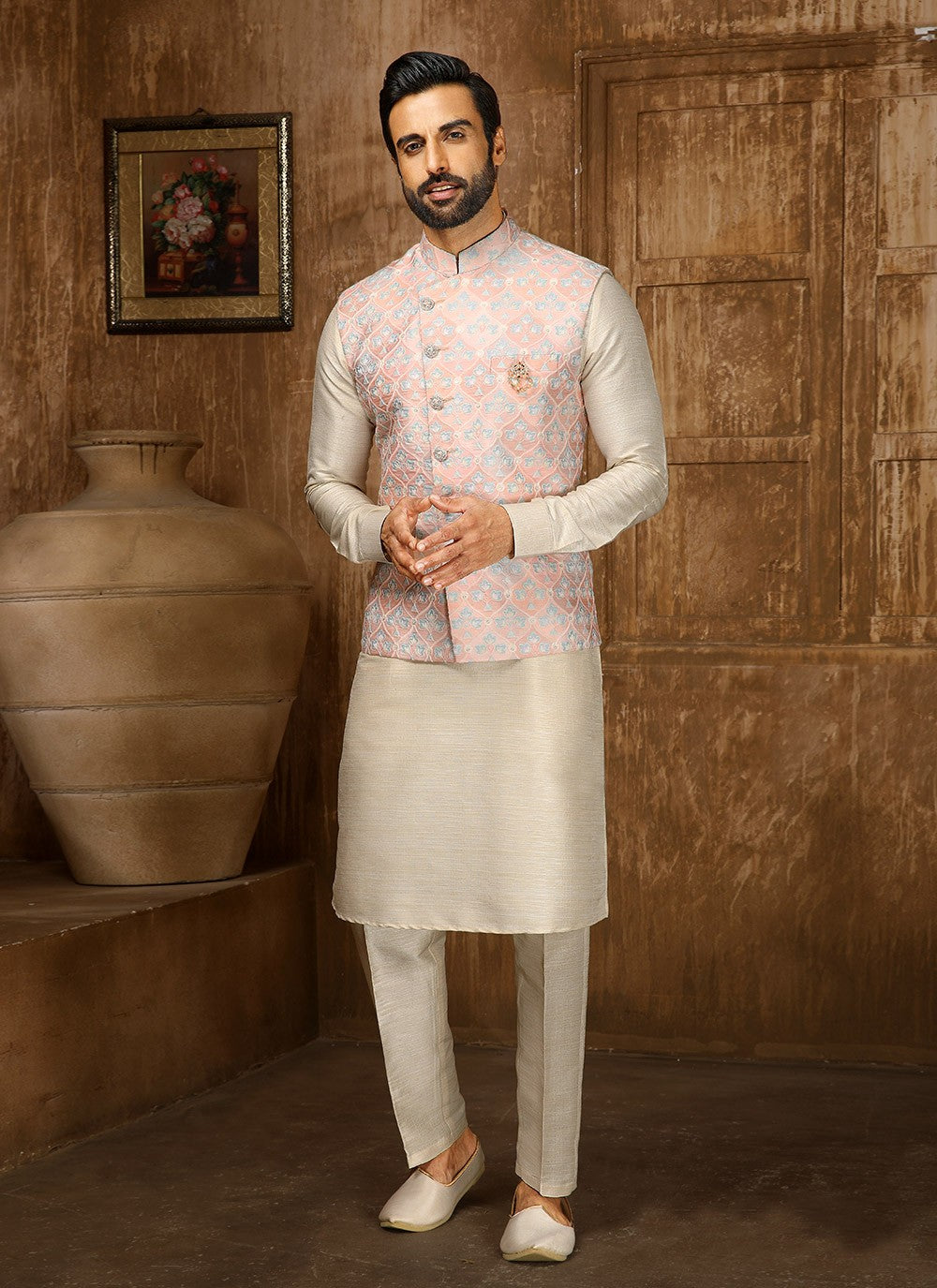 Digital Print Fancy Fabric Cream, Pink Kurta Payjama With Jacket - M4251