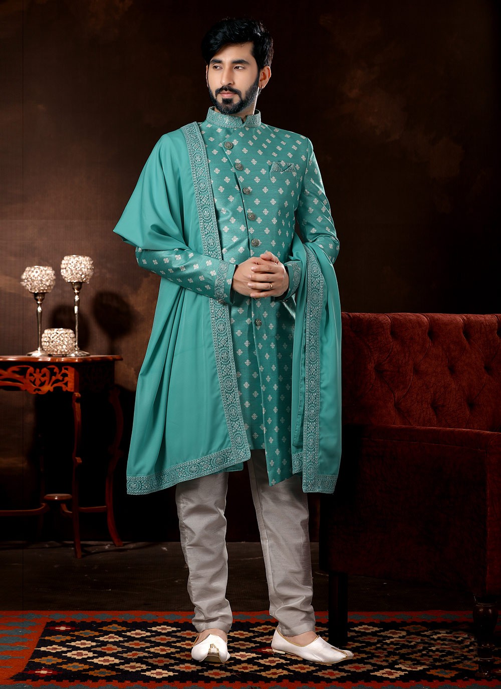 Digital Print Fancy Fabric Firozi Sherwani - M3078