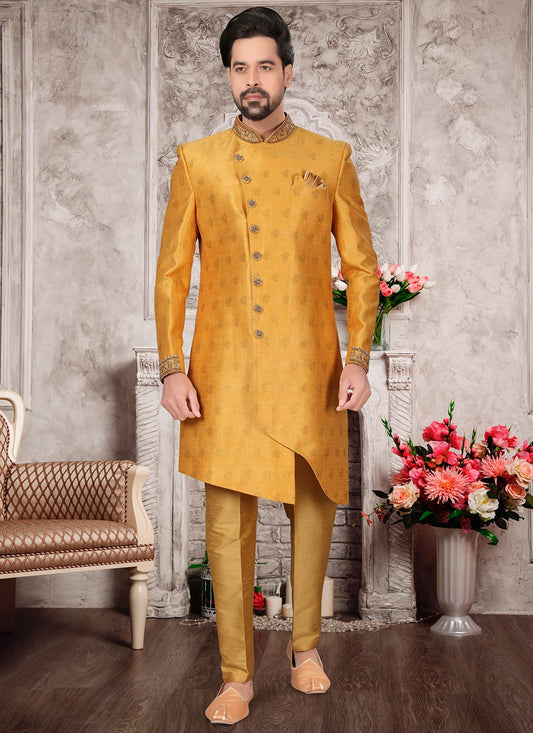 Hand Embroidery Fancy Fabric Gold Indo Western Sherwani - M2978