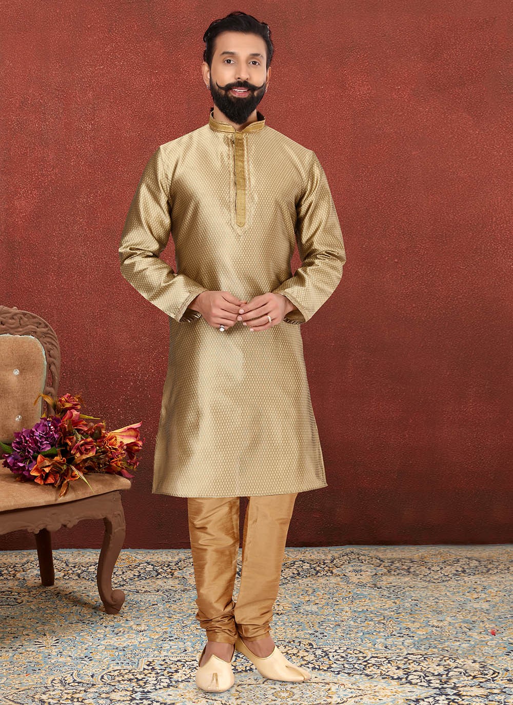 Embroidered Fancy Fabric Gold Kurta Pyjama - M2600