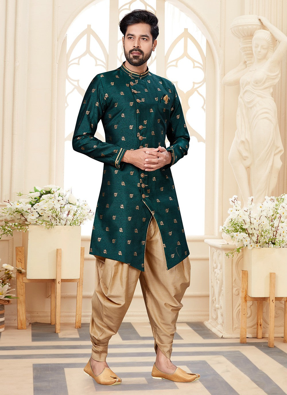 Jacquard Work Fancy Fabric Green Indo Western Sherwani - M2934