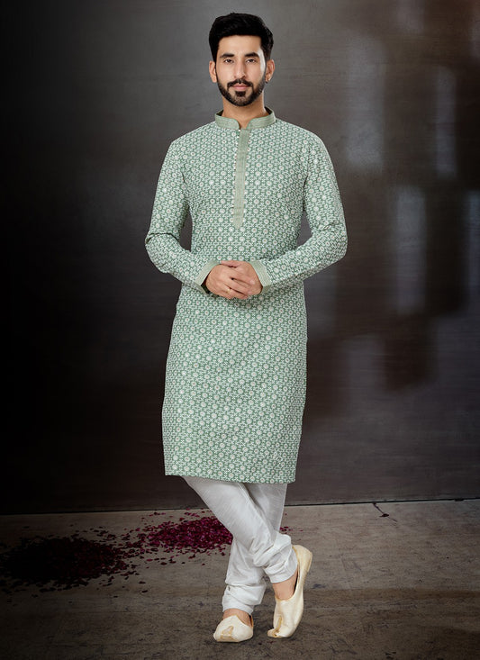 Lucknowi Work Fancy Fabric Green Kurta Pyjama - M4779