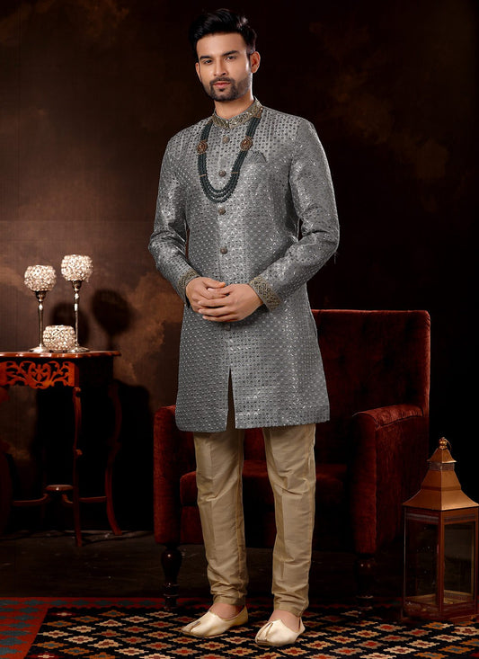 Embroidered Fancy Fabric Grey Sherwani - M3068