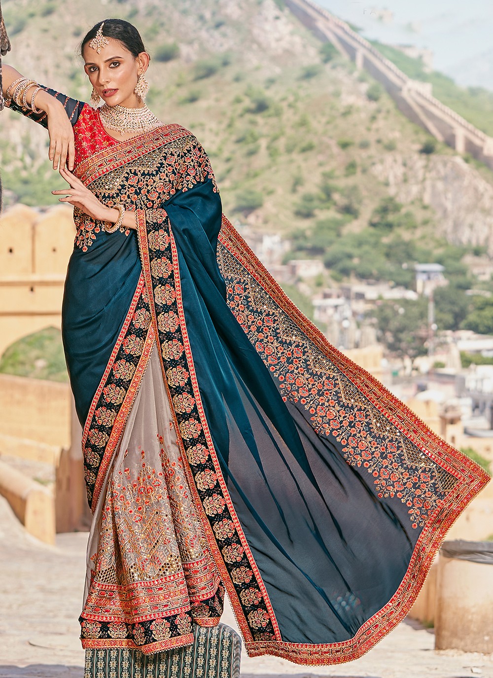 Classic Embroidered Fancy Fabric Saree - S4077