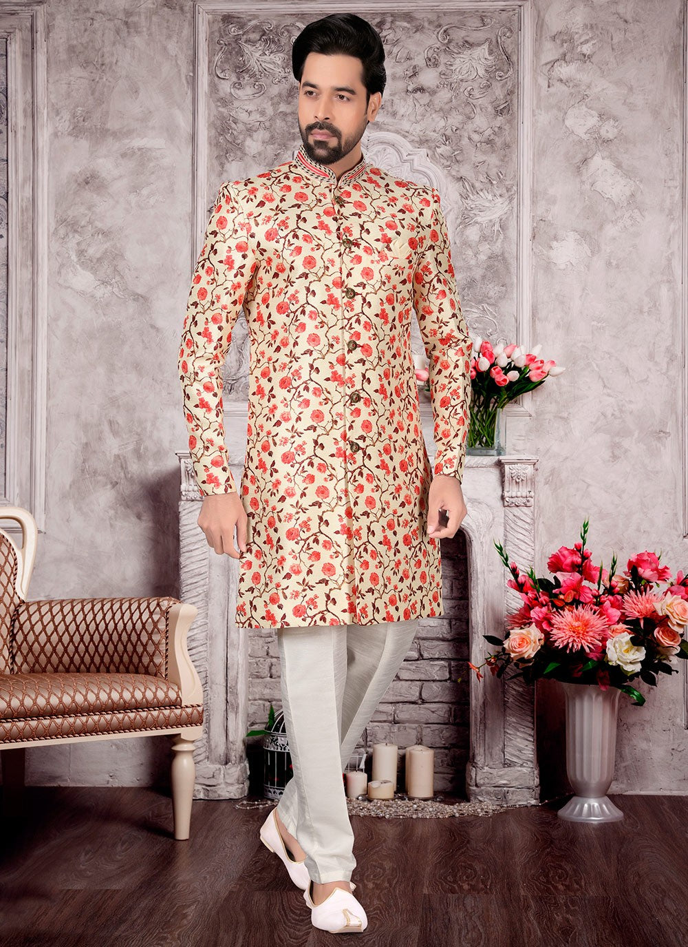 Digital Print Fancy Fabric Cream Indo Western Sherwani - M2996