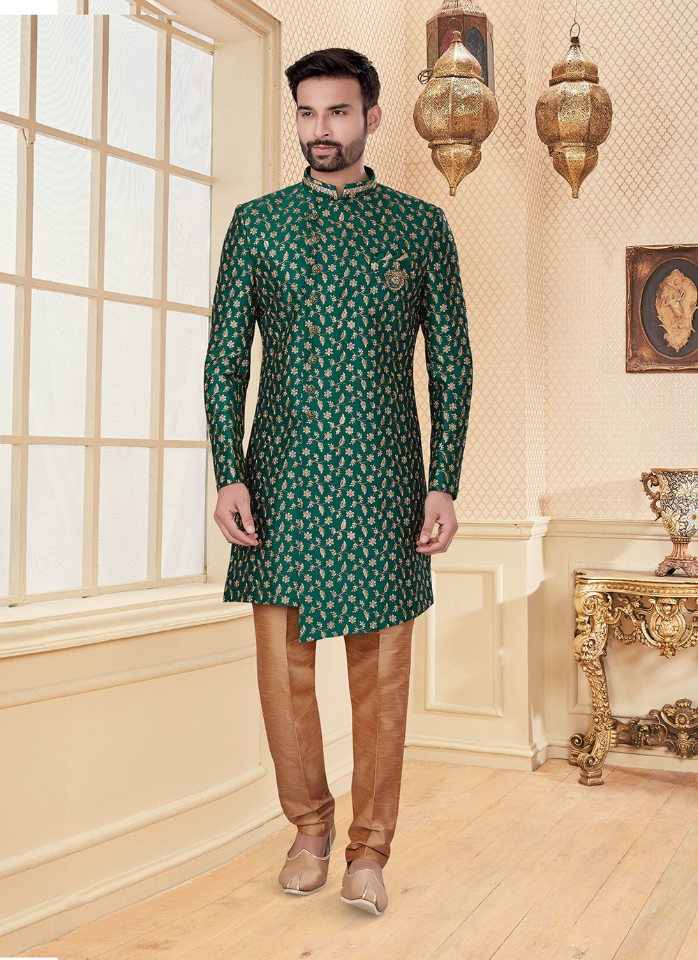 Embroidered Fancy Fabric Green Indo Western - M2972