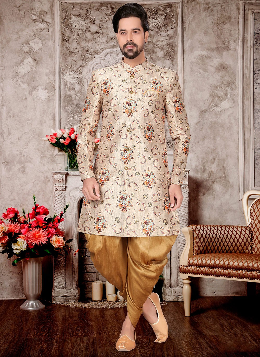 Digital Print Fancy Fabric Cream Indo Western Sherwani - M2985