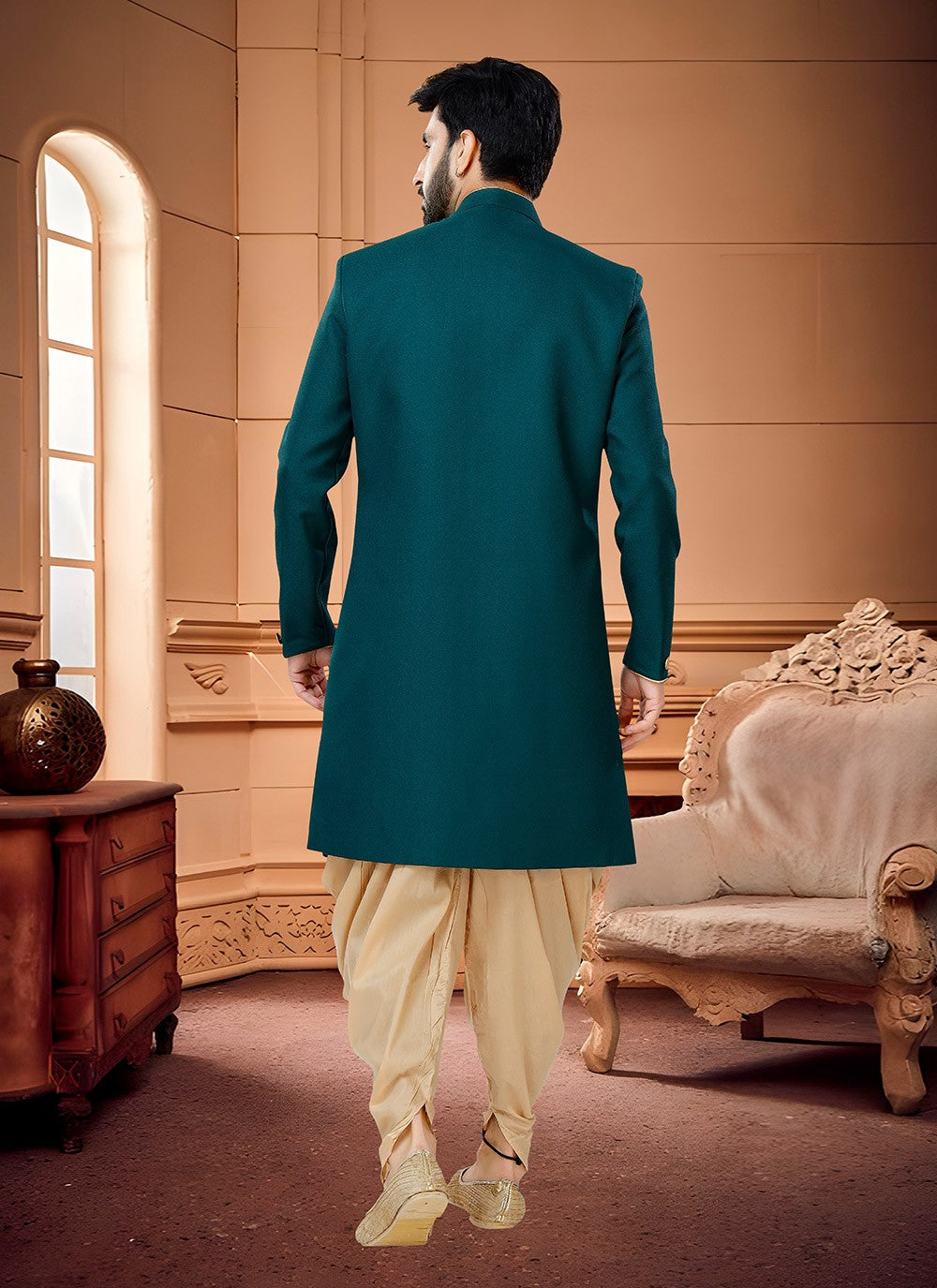 Buttons Fancy Fabric Green Indo Western Sherwani - M4324