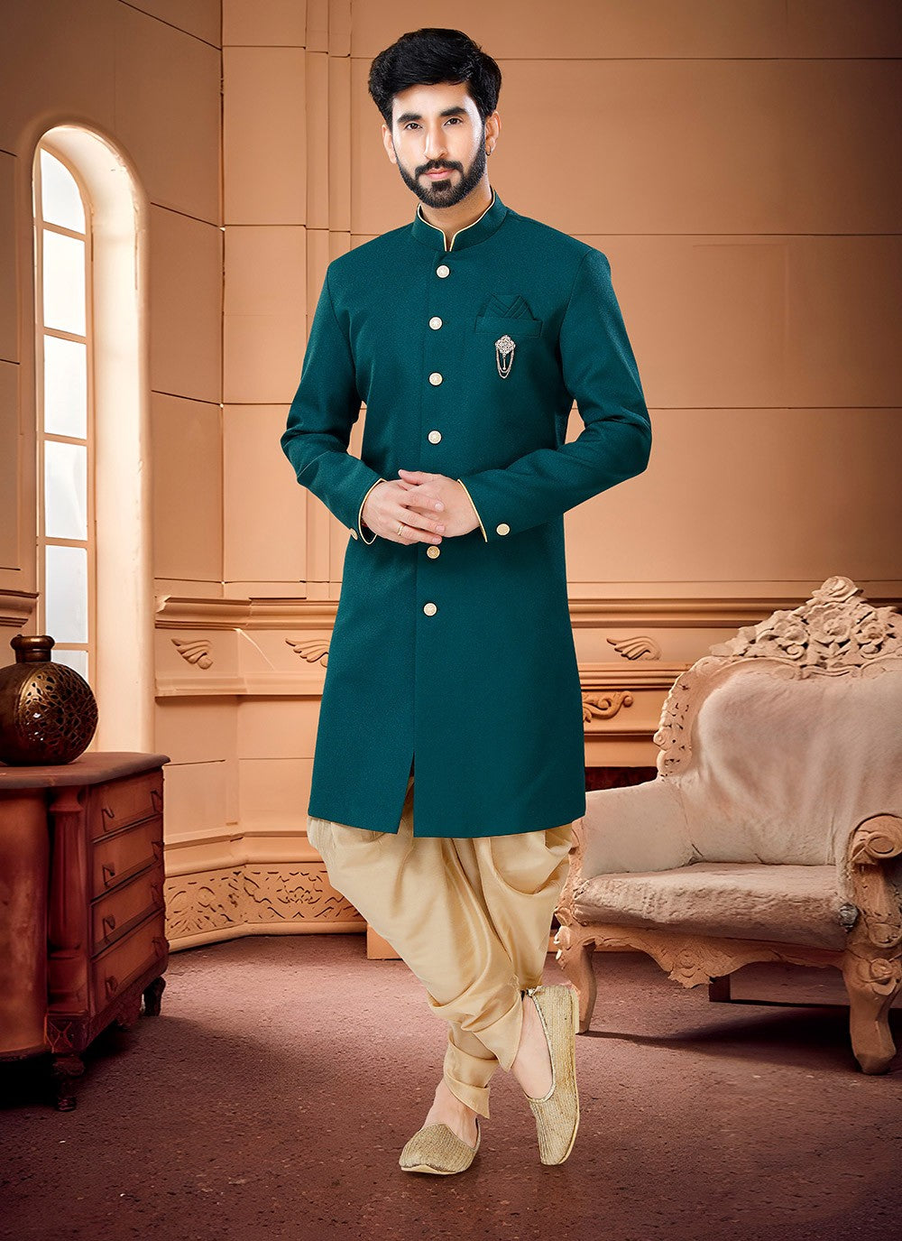 Buttons Fancy Fabric Green Indo Western Sherwani - M4324