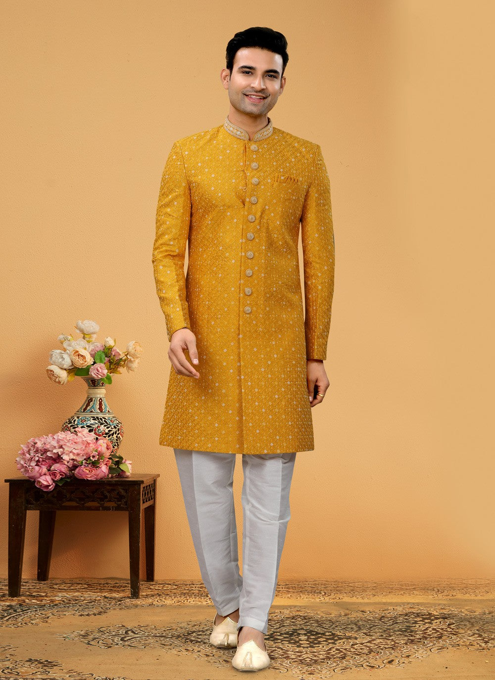 Hand Embroidery Fancy Fabric Mustard Indo Western Sherwani - M5106