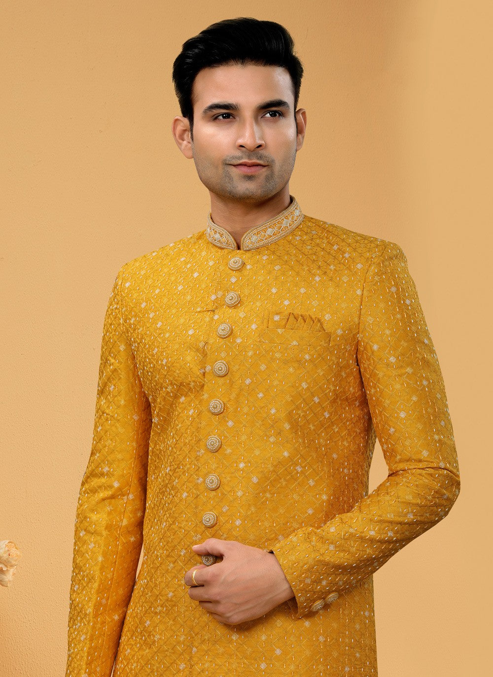 Hand Embroidery Fancy Fabric Mustard Indo Western Sherwani - M5106