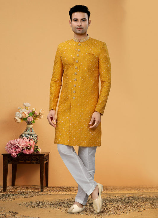 Hand Embroidery Fancy Fabric Mustard Indo Western Sherwani - M5106