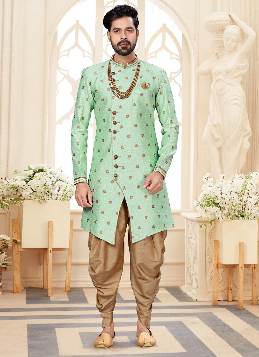 Jacquard Work Fancy Fabric Green Indo Western Sherwani - M2935