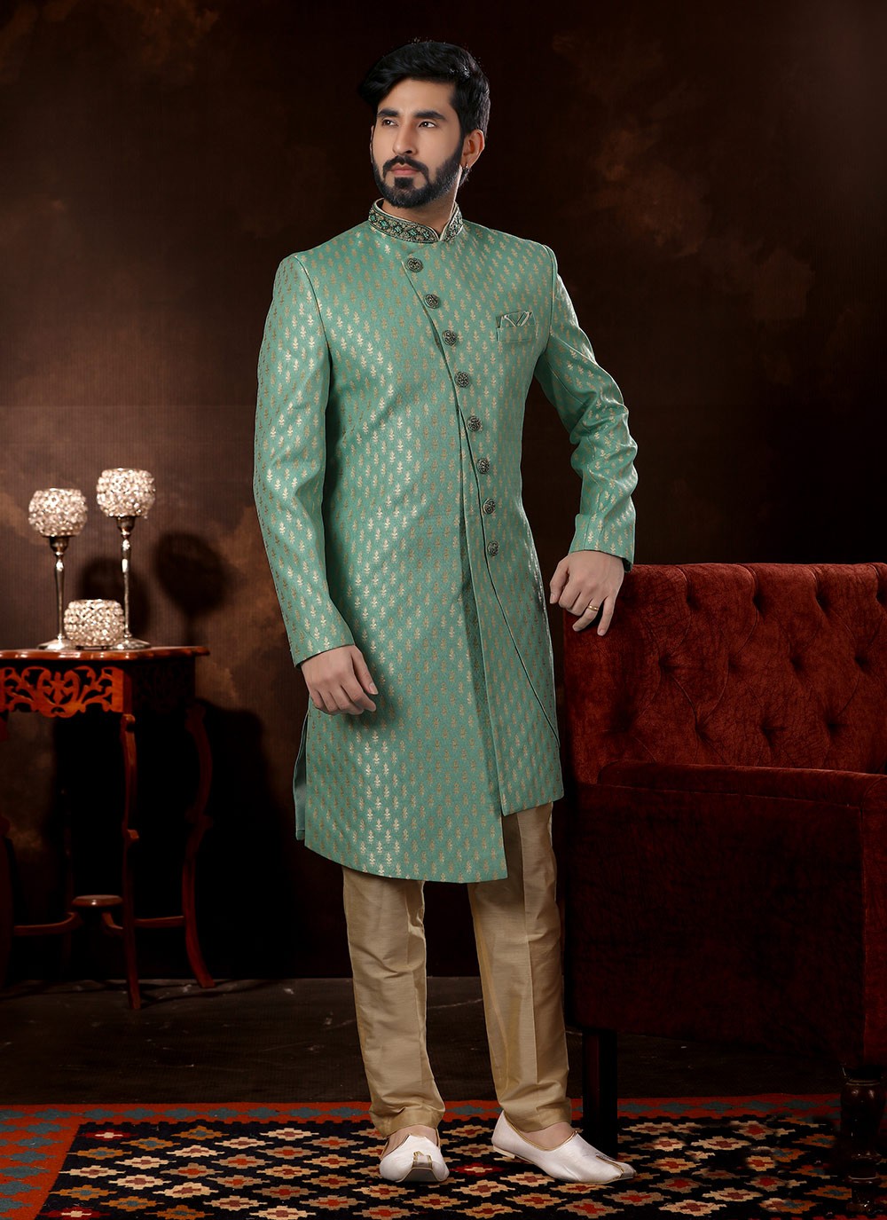 Hand Embroidery Fancy Fabric Green Sherwani - M3069